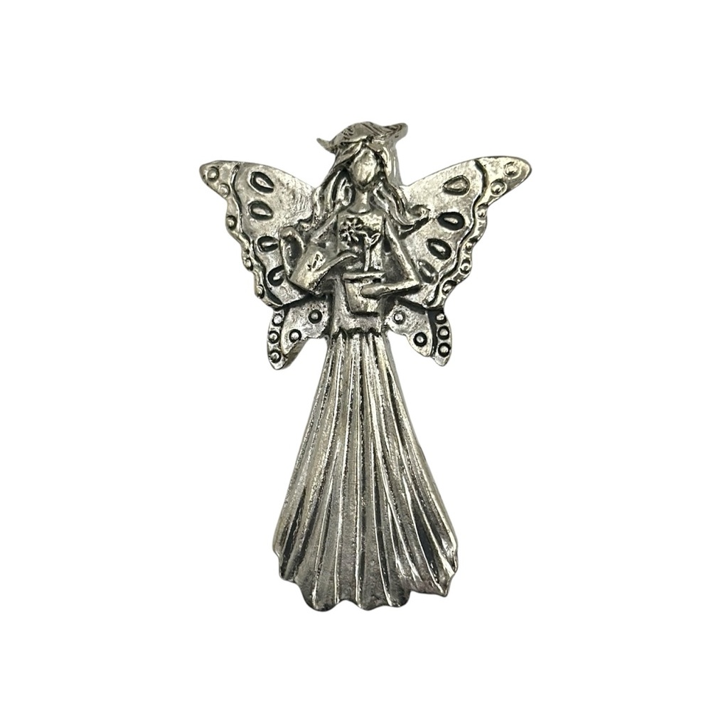 Whimsical Garden Fairy Angel Brooch Floral Butterfly Wings Silver Tone Pin